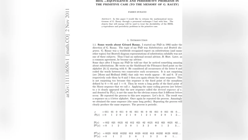 HD0L-$omega$-equivalence and periodicity problems in the primitive case   (to the memory of G. Rauzy)