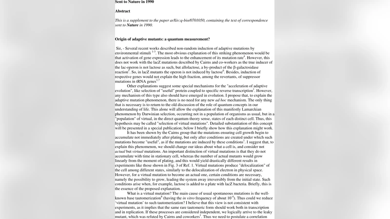 Origin of adaptive mutants: a quantum measurement?