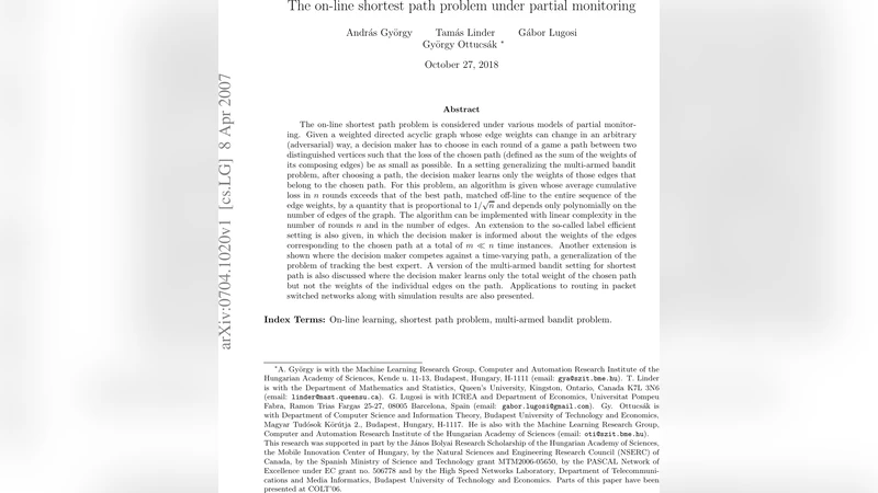 The on-line shortest path problem under partial monitoring