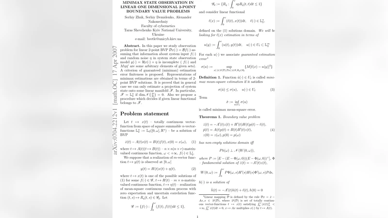 Minimax State Observation in Linear One Dimensional 2-Point Boundary   Value Problems