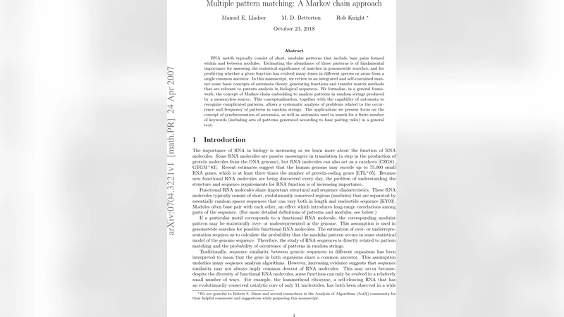 Multiple pattern matching: A Markov chain approach