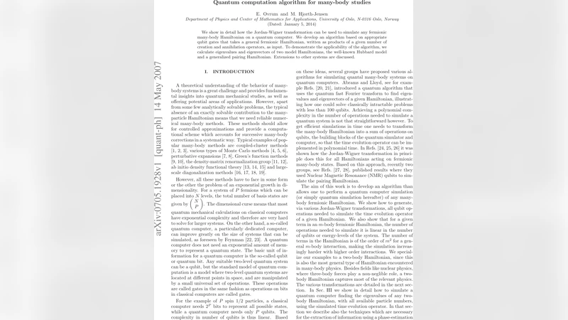 Quantum computation algorithm for many-body studies