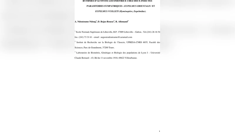 Rythmes dactivite locomotrice chez deux insectes parasito"ides   sympatriques : Eupelmus orientalis et Eupelmus vuilleti (Hymenopt`ere,   Eupelmidae)