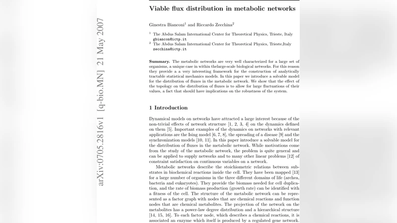 Viable flux distribution in metabolic networks