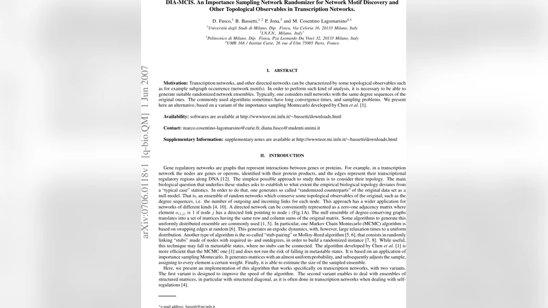 DIA-MCIS. An Importance Sampling Network Randomizer for Network Motif   Discovery and Other Topological Observables in Transcription Networks