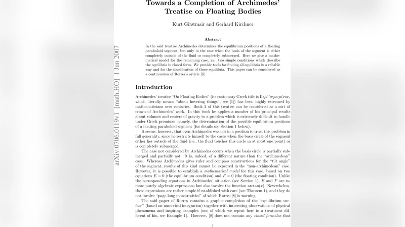 Towards a Completion of Archimedes Treatise on Floating Bodies