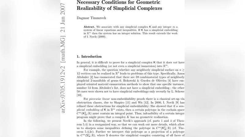 Necessary Conditions for Geometric Realizability of Simplicial Complexes