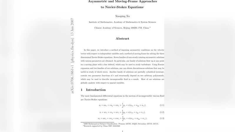 Asymmetric and Moving-Frame Approaches to Navier-Stokes Equations