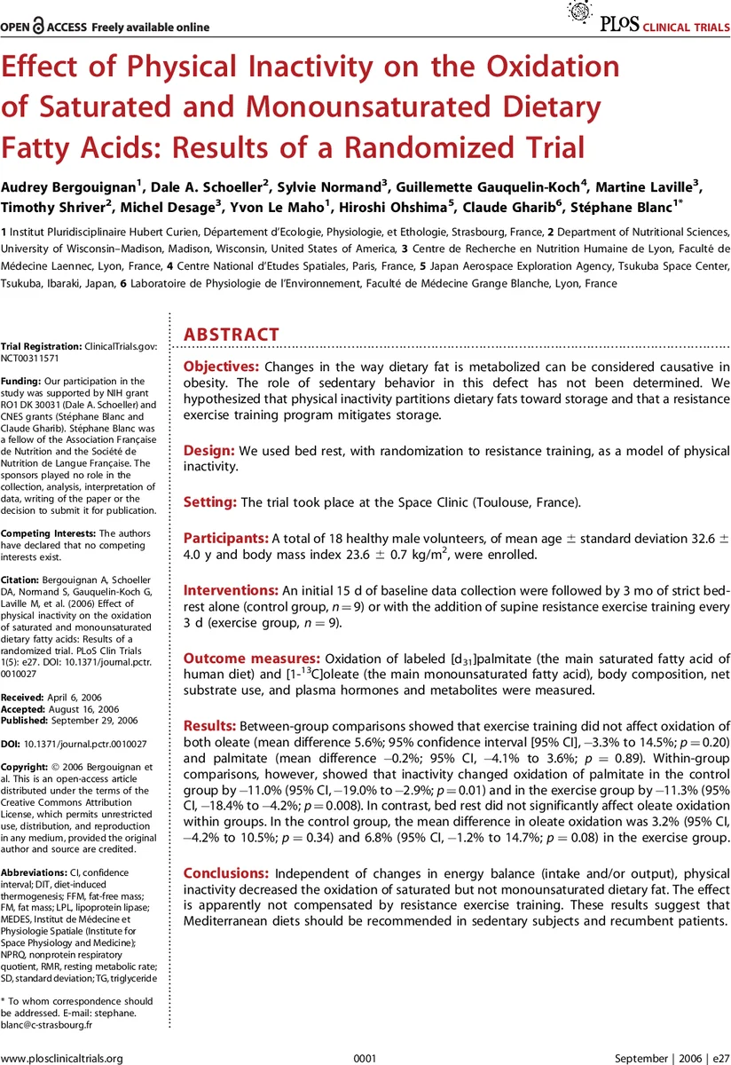Effect of physical inactivity on the oxidation of saturated and   monounsaturated dietary Fatty acids: results of a randomized trial