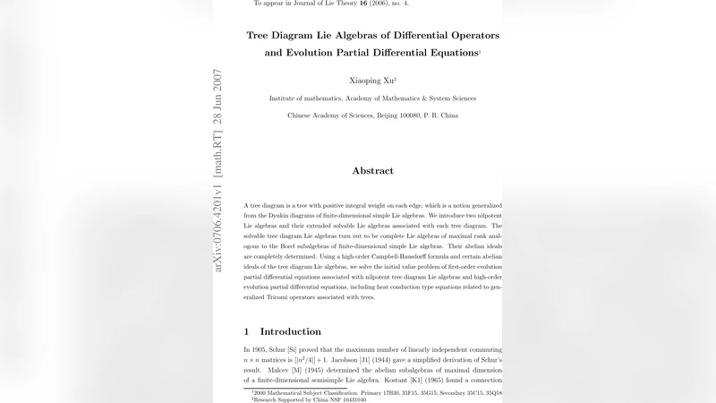 Tree Diagram Lie Algebras of Differential Operators and Evolution   Partial Differential Equations