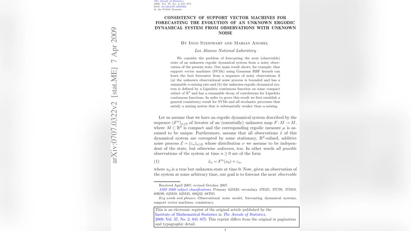 Consistency of support vector machines for forecasting the evolution of   an unknown ergodic dynamical system from observations with unknown noise