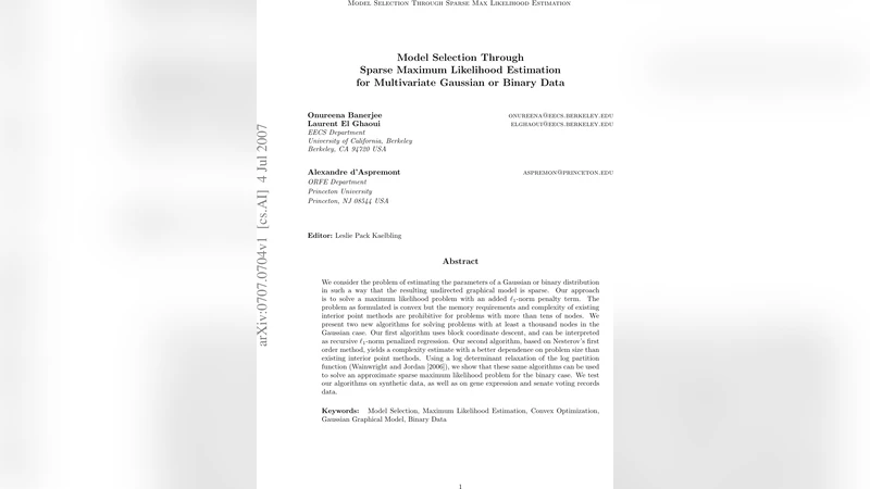 Model Selection Through Sparse Maximum Likelihood Estimation