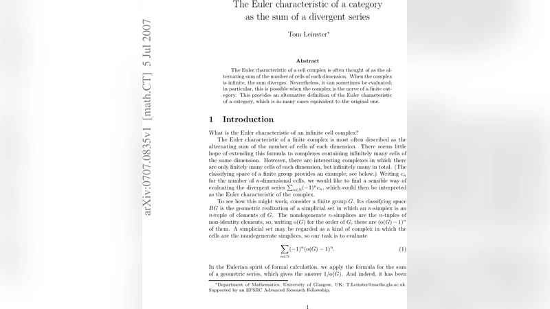 The Euler characteristic of a category as the sum of a divergent series