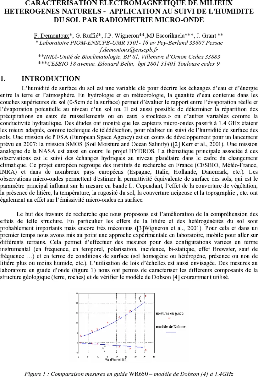 Caracterisation electromagnetique de milieux heterog`enes   naturels - Application `a la mesure de lhumidite du sol par radiometrie   micro-onde