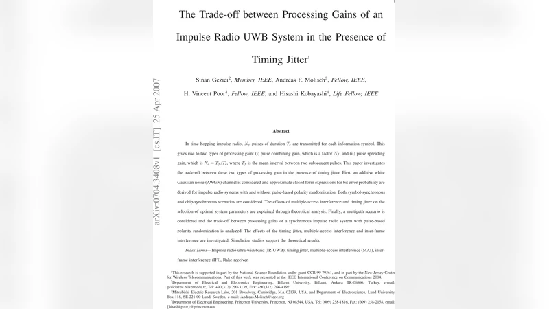 The Trade-off between Processing Gains of an Impulse Radio UWB System in   the Presence of Timing Jitter