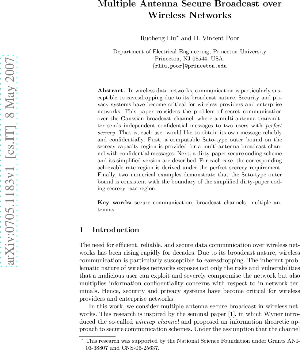Multiple Antenna Secure Broadcast over Wireless Networks