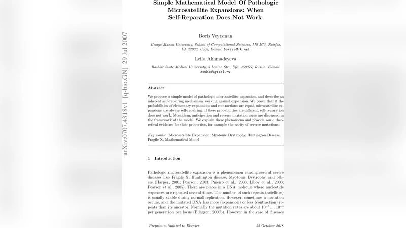 Simple Mathematical Model Of Pathologic Microsatellite Expansions: When   Self-Reparation Does Not Work