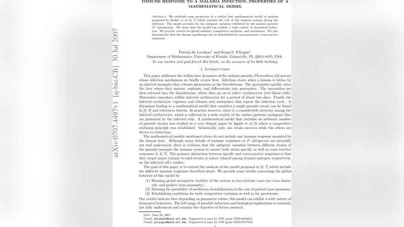 Immune response to a malaria infection: properties of a mathematical   model