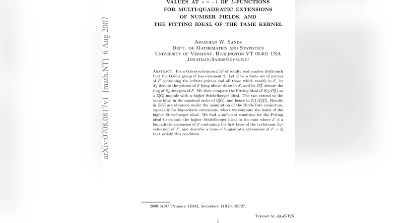 Values at s=-1 of L-functions for multi-quadratic extensions of number   fields, and the fitting ideal of the tame kernel