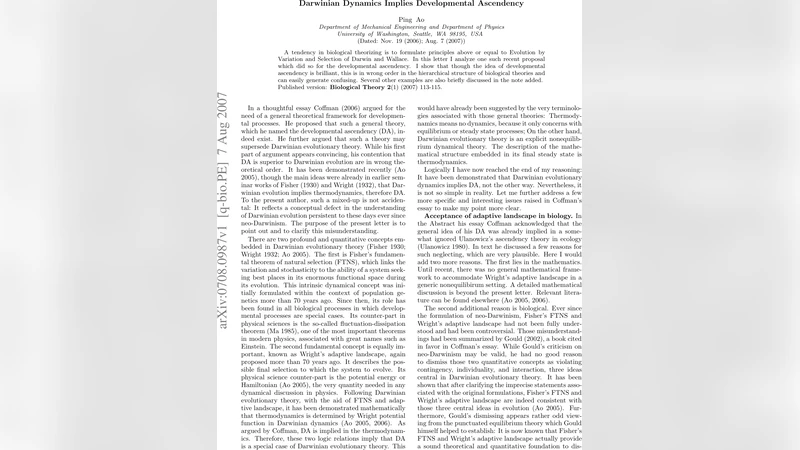 Darwinian Dynamics Implies Developmental Ascendency