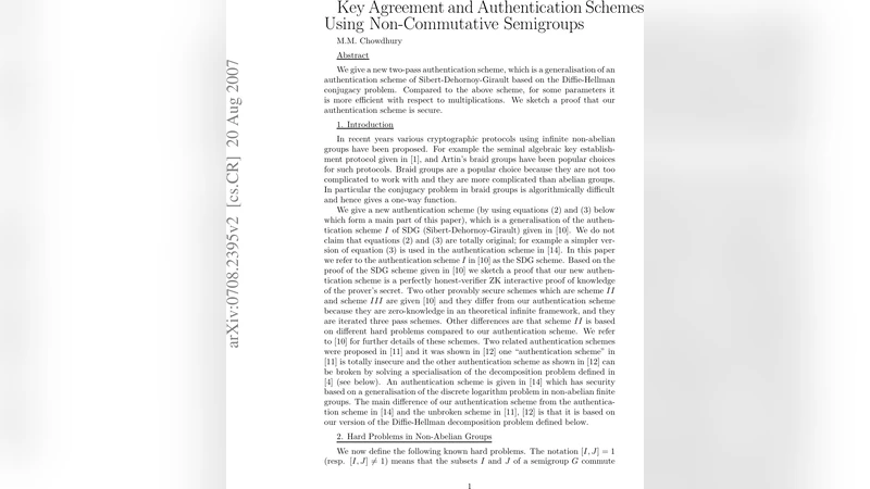 Key Agreement and Authentication Schemes Using Non-Commutative   Semigroups