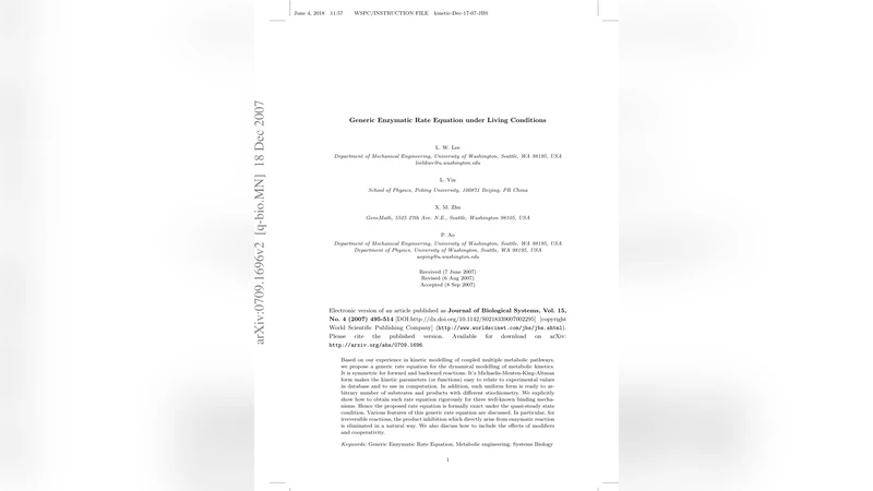 A Generic Rate Equation for modeling Enzymatic Reactions under Living   Conditions
