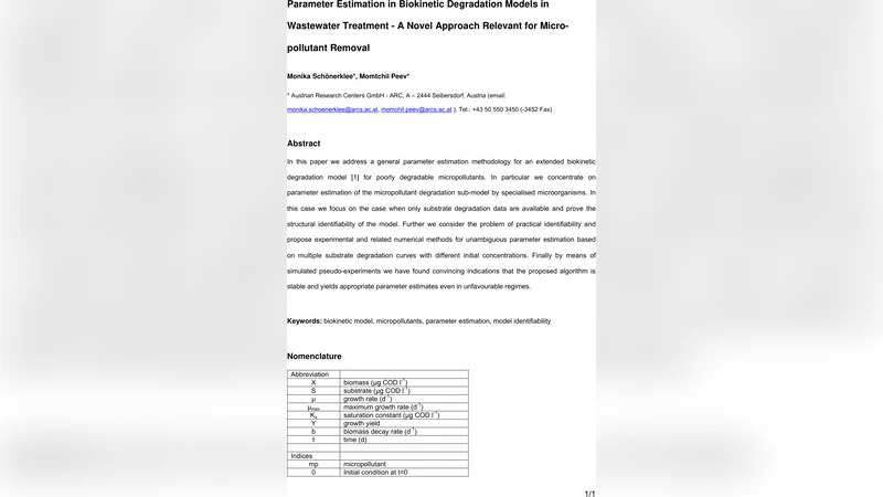 Parameter Estimation in Biokinetic Degradation Models in Wastewater   Treatment - A Novel Approach Relevant for Micro-pollutant Removal