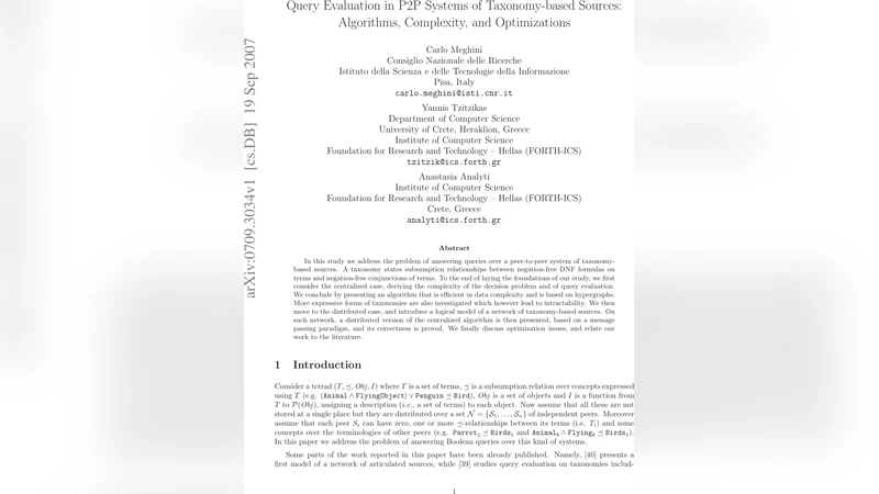 Query Evaluation in P2P Systems of Taxonomy-based Sources: Algorithms,   Complexity, and Optimizations