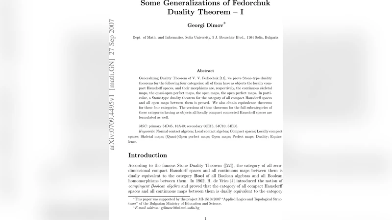 Some Generalizations of Fedorchuk Duality Theorem -- I