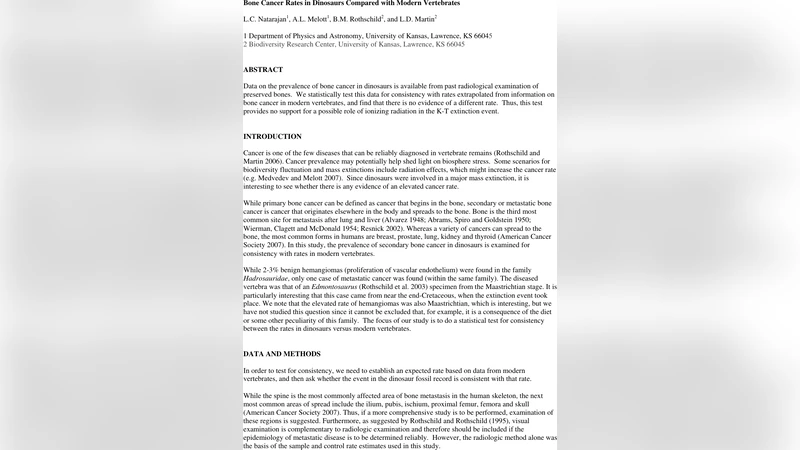 Bone Cancer Rates in Dinosaurs Compared with Modern Vertebrates