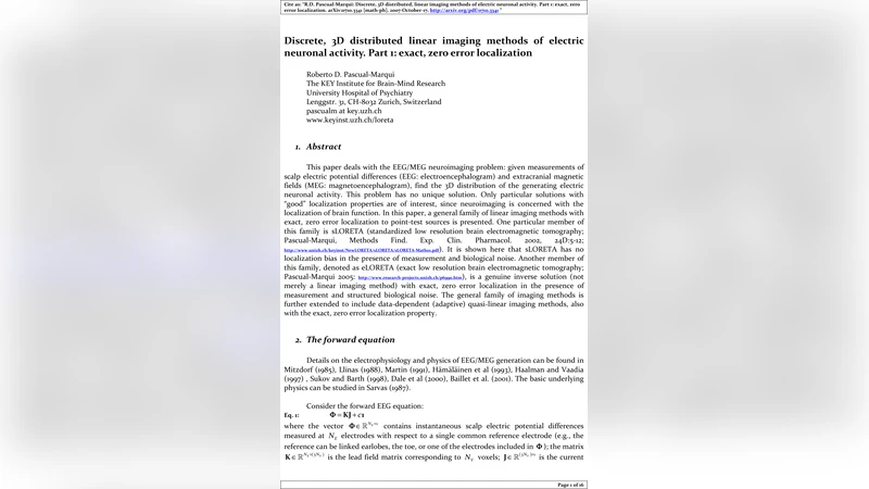 Discrete, 3D distributed, linear imaging methods of electric neuronal   activity. Part 1: exact, zero error localization