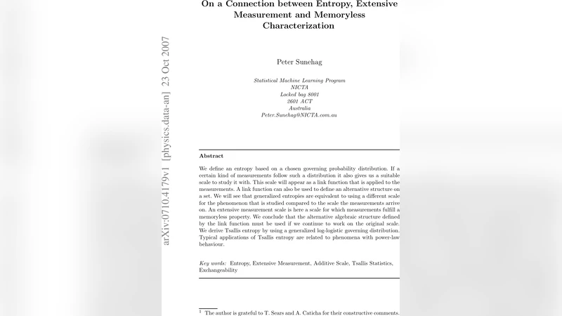 On a Connection between Entropy, Extensive Measurement and Memoryless   Characterization