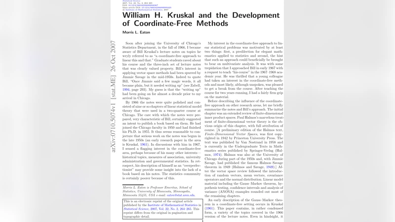 William H. Kruskal and the Development of Coordinate-Free Methods