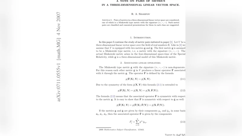 A note on pairs of metrics in a three-dimensional linear vector space