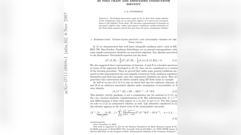 2D Toda chain and associated commutator identity