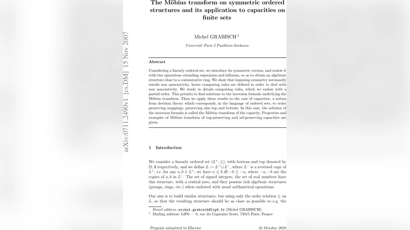 The M"obius transform on symmetric ordered structures and its   application to capacities on finite sets