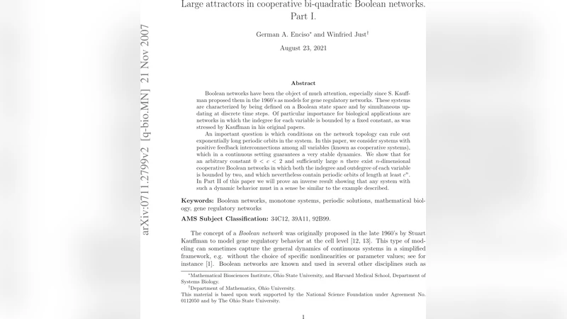Large attractors in cooperative bi-quadratic Boolean networks. Part I