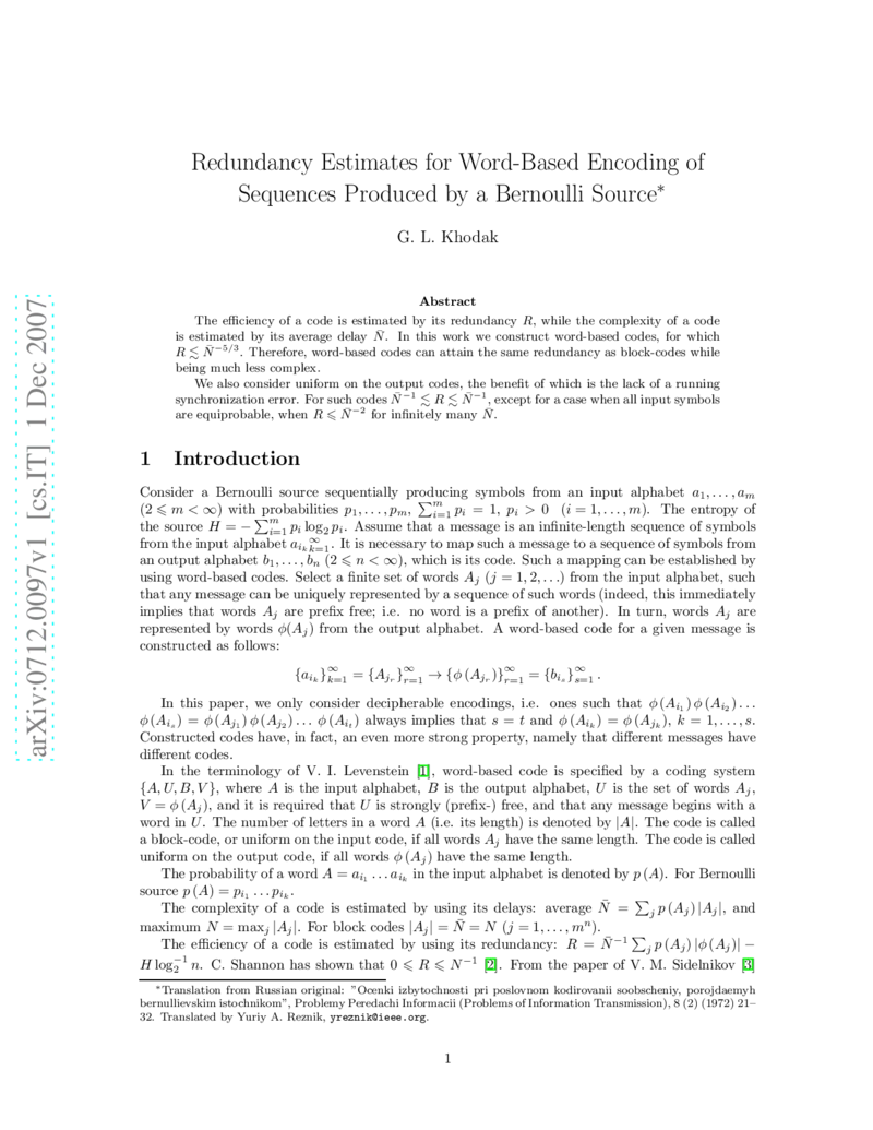 Redundancy Estimates for Word-Based Encoding of Sequences Produced by a   Bernoulli Source