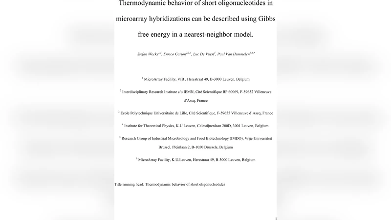 Thermodynamic behavior of short oligonucleotides in microarray   hybridizations can be described using Gibbs free energy in a nearest-neighbor   model