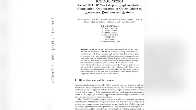 Implementation, Compilation, Optimization of Object-Oriented Languages,   Programs and Systems - Report on the Workshop ICOOOLPS2007 at ECOOP07
