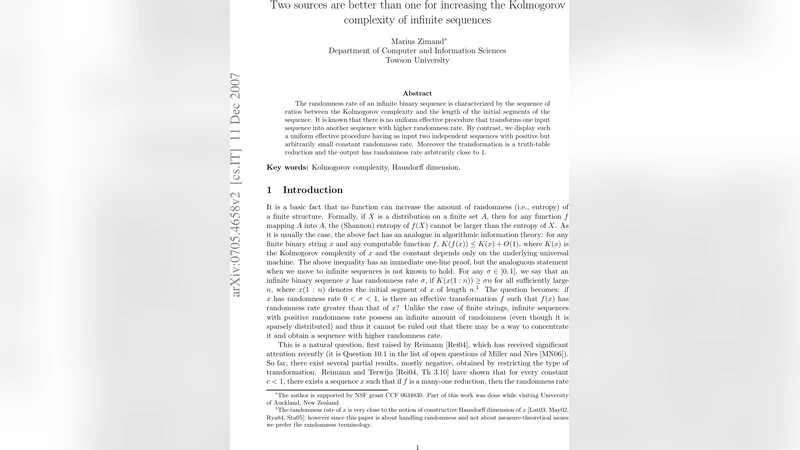 Two sources are better than one for increasing the Kolmogorov complexity   of infinite sequences