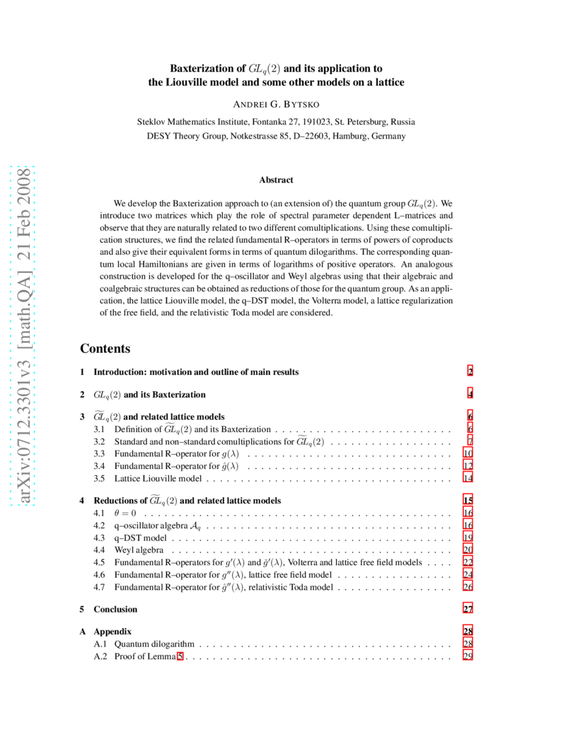 Baxterization of GL_q(2) and its application to the Liouville model and   some other models on a lattice