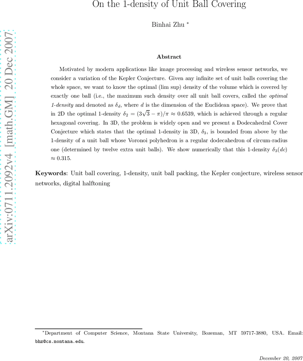 On the 1-density of Unit Ball Covering