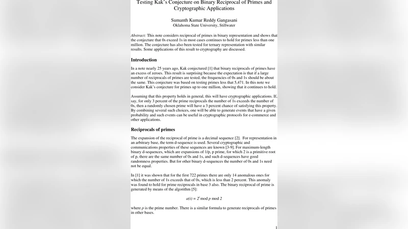 Testing Kaks Conjecture on Binary Reciprocal of Primes and   Cryptographic Applications