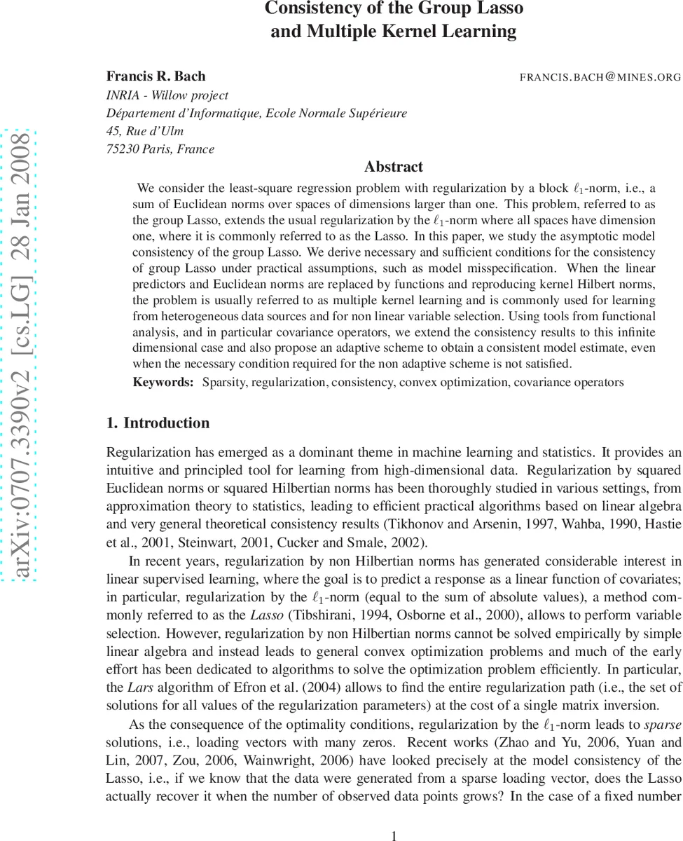 Consistency of the group Lasso and multiple kernel learning