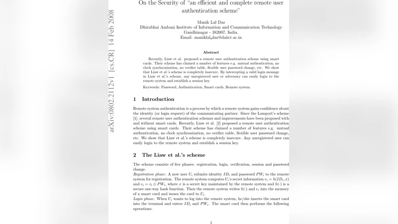 On the Security of ``an efficient and complete remote user   authentication scheme