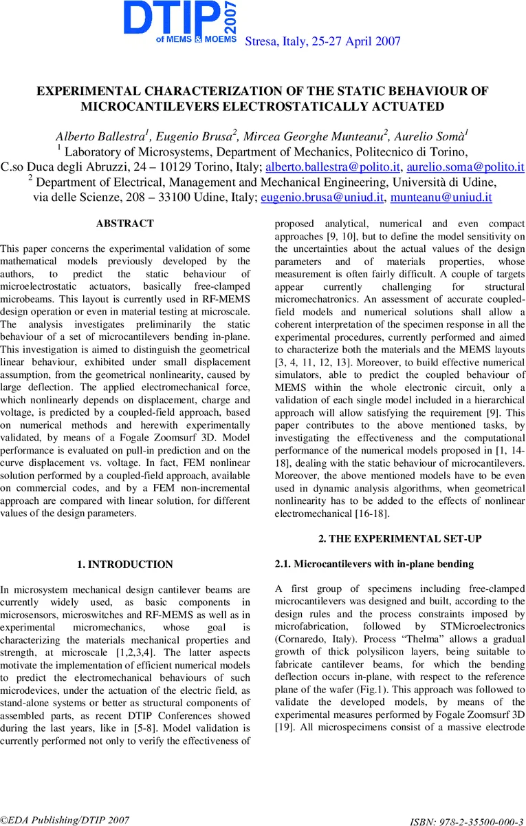 Experimental Characterization of the static behaviour of   microcatntilevers electrostatically actuated