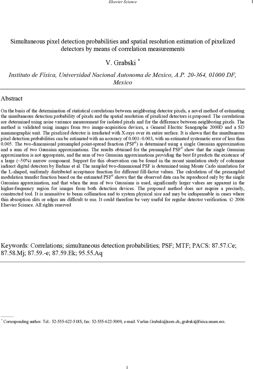 Pixels simultaneous detection probabilities and spatial resolution   determination of pixelized detectors by means of correlation measurements