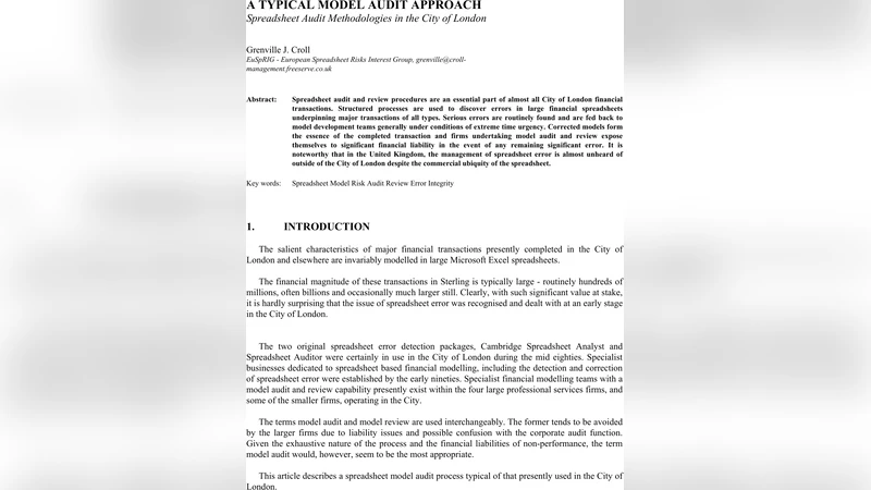 A Typical Model Audit Approach: Spreadsheet Audit Methodologies in the   City of London