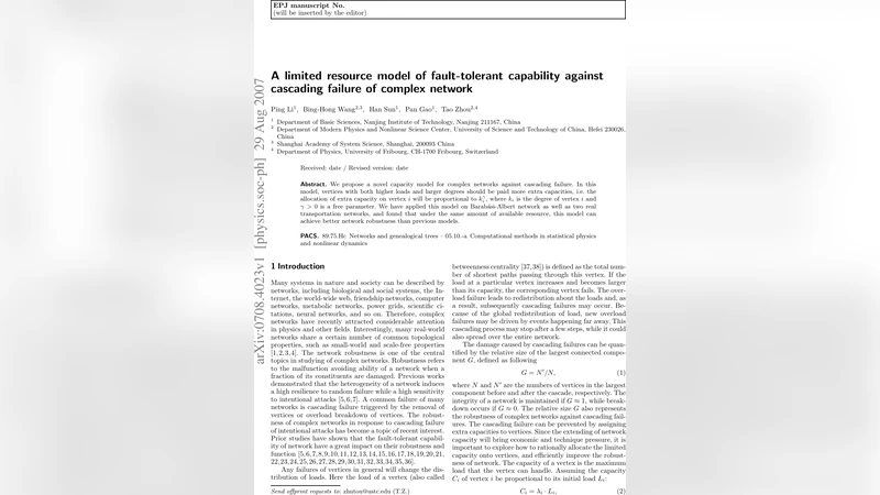 A limited resource model of fault-tolerant capability against cascading   failure of complex network